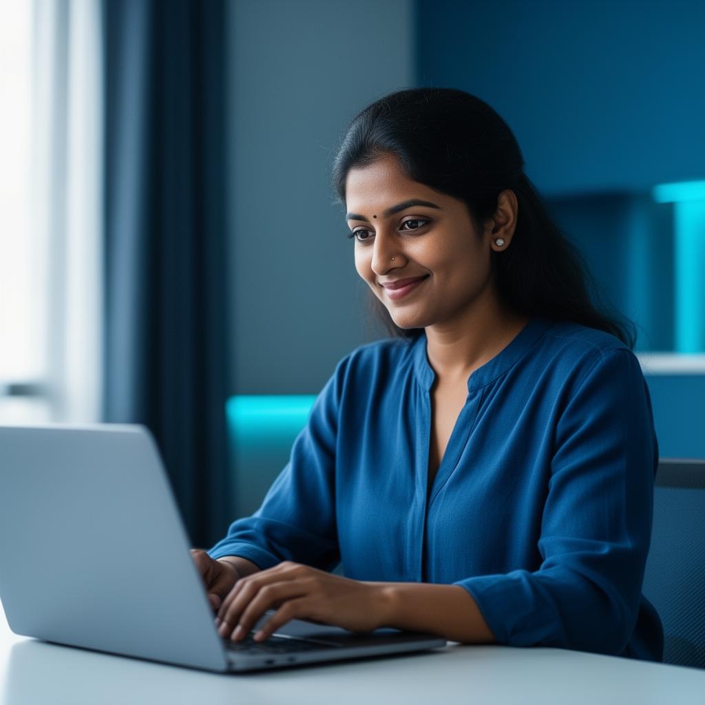 Woman building her AI-powered business from a sunlit home office